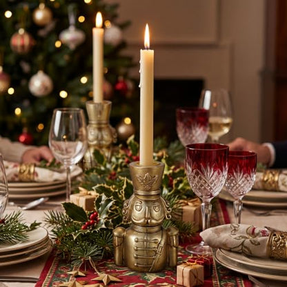 Gold Taper Candle Holders Set - Christmas Nutcracker Soldier Variation