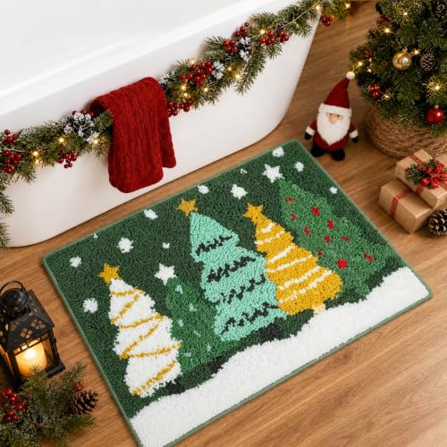 Christmas Bathroom Rugs Green Yellow Christmas Tree Bath Mat 16x24 Inch - Festive Non-Slip Bath Rug