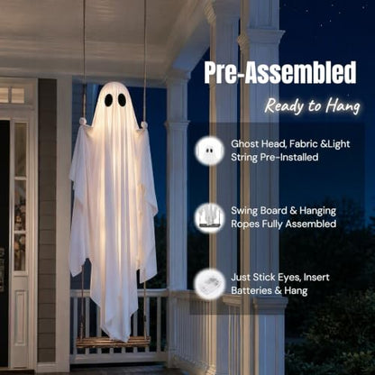 Outdoor Hanging Ghost Decoration with Lights - 5FT Spooky Swing Ghost for Yard Porch
