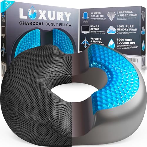 H. Charcoal Donut Pillow for Tailbone Pain and Hemorrhoids, Tailbone Pain Relief Donut Cushion, Doughnut Pillow for Butt, Bed Sores & Postpartum Pregnancy, Hemorrhoid Pillows for Sitting (Extra Firm)