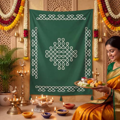 Indian Varalakshmi Pooja Backdrop Dark Green Kolam Decor 7x5ft - Traditional Festival Tapestry