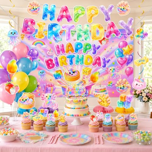 46Pcs Squishy Dumpling Birthday Decorations Party Kit - Balloon Banner Cake Toppers