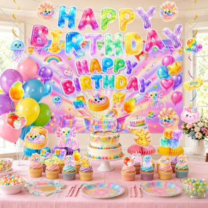 46Pcs Squishy Dumpling Birthday Decorations Party Kit - Balloon Banner Cake Toppers