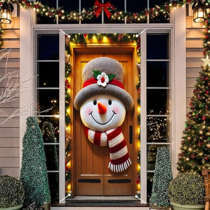 Christmas Front Door Cover Snowman Pattern Holiday Banner 35x71in Polyester