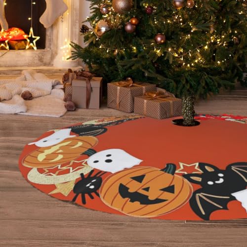 Small Halloween Ghost Pumpkin Tree Skirt, 30 Inch Autumn Holiday Decor