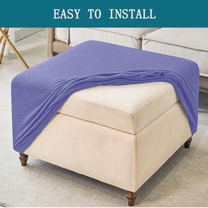 Stretch Ottoman Cover Square 33x33cm Light Blue Jacquard Slipcover for Foot Stool