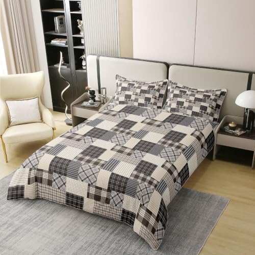 Vintage Patchwork Plaid Cotton Duvet Cover Set King Brown Grey Checkered Bedding