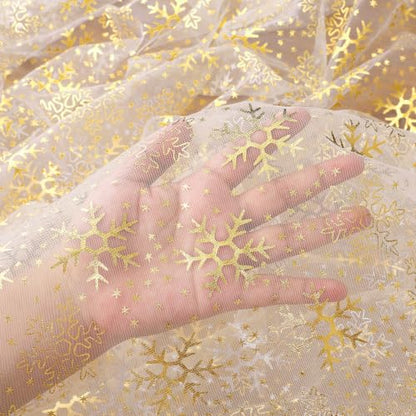 Christmas White Gauze Table Runner with Gold Snowflake Design - 29x120 Inches, Pack of 1