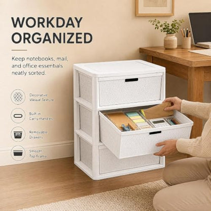 White 3-Drawer Plastic Storage Tower - Decorative Closet Organizer
