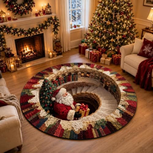 3D Optical Illusion Christmas Rug - Santa Vortex Round Floor Mat, 31.5 Inch Festive Decor