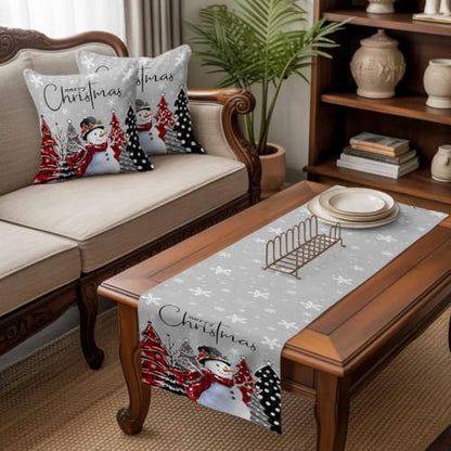Queen Size Christmas Bed Runner with Pillow Covers - Gray Green Snowman & Pine Tree Pattern, 83x20 Inches - Holiday Decor
