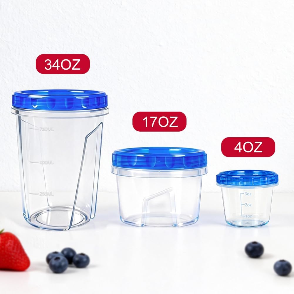 Skiennix Reusable Freezer Storage Containers - Airtight Twist Top Lids | 18 Pack, 34oz/17oz/4oz Sizes for Meal Prep