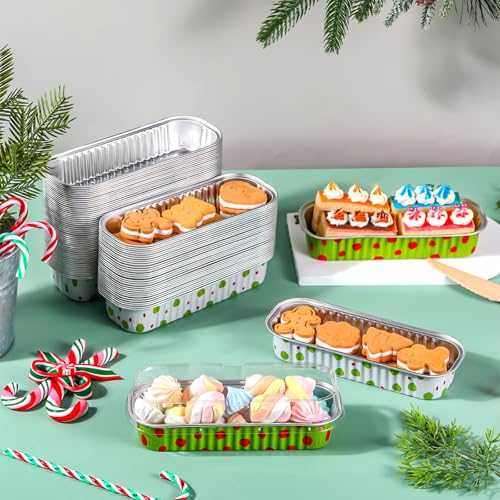 Christmas Aluminum Foil Mini Loaf Pans with Lids - 200 Pack, Lime Green & Red