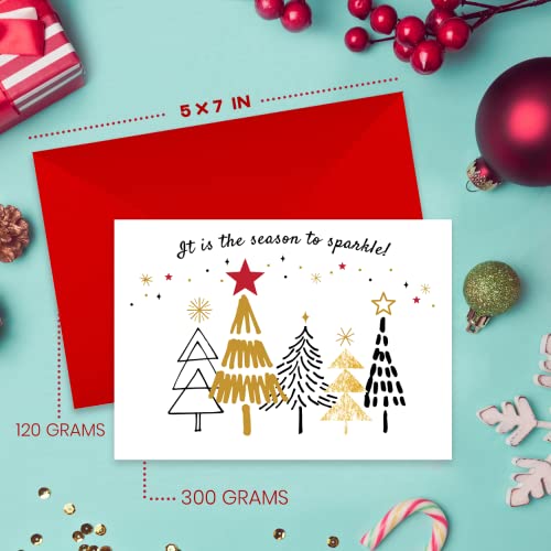 Christmas Greeting Cards Pack of 25 with Gold Foil - Happy Holidays Assorted Designs