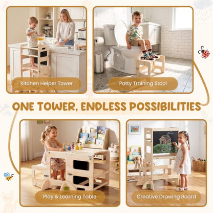 Natural Toddler Kitchen Step Stool 4-in-1 Foldable Learning Tower with Blackboard