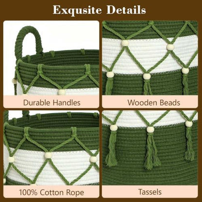 Green Cotton Rope Blanket Basket for Living Room Storage & Toy Organizer