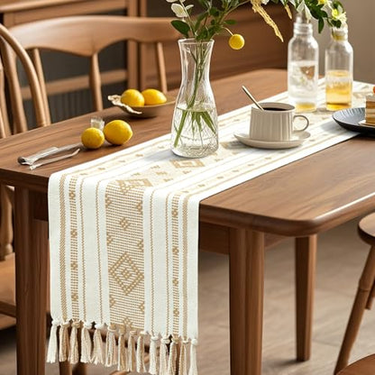 Khaki Boho Rustic Table Runner 13x72 Inches with Tassels for Farmhouse Dining