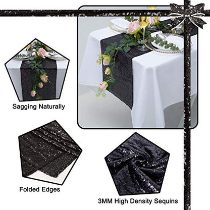 Black Sequin Table Runner 12x108 Inch Set of 2 for Elegant Party Decor