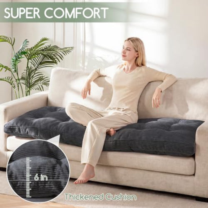 Corduroy Sofa Topper - Dark Grey Bench Cushion 71x28x6 Inches