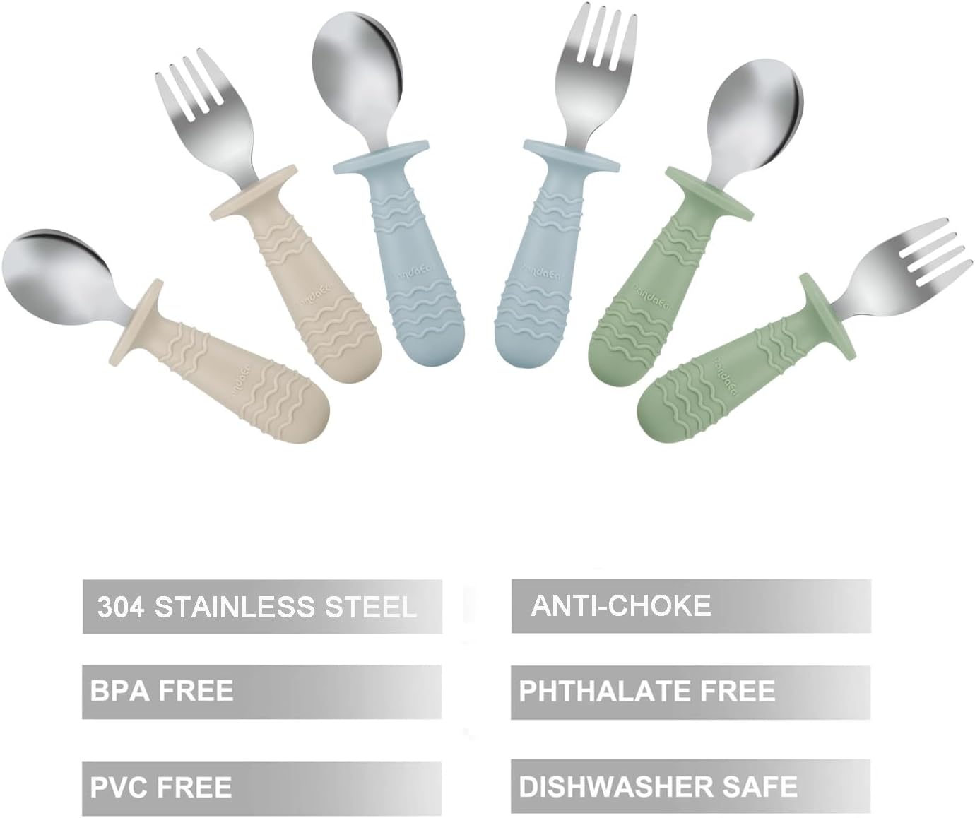 PandaEar Baby Toddler Utensils Set - 6 Pieces Silicone & Stainless Steel Forks and Spoons | BPA Free, Anti-Choke Design (Blue, Green, Beige)