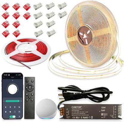 CCT COB LED Strip Light Kit 32.8ft Dimmable Tunable White 2700K-6500K with Smart Transformer, Remote & App Control - 1 Roll