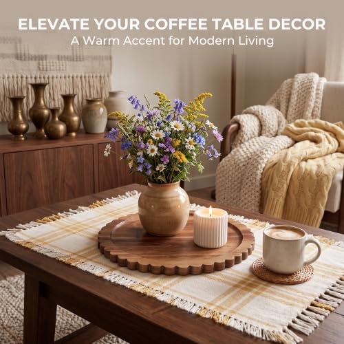 Solid Acacia Wood Decorative Tray - 12 Inch Round Scalloped Centerpiece