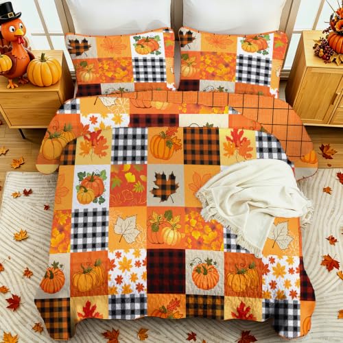 Thanksgiving Fall Quilt Set Queen Size Orange Patchwork Bedspread
