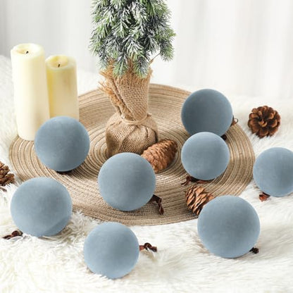 Gray Blue Velvet Christmas Tree Ornaments - 18 Pack Flocked Holiday Balls with Hanging Ropes