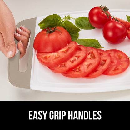 The Original Gorilla Grip Oversized 100% BPA Free Reversible Durable Kitchen Cutting Board Set of 3, Juice Grooves, Dishwasher Safe, Easy Grip Handle Border, Food Chopping Boards, Cooking, Almond