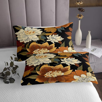 Feelyou King Size Floral Bedspread Set with Pillowcases - Spring Boho Quilted Coverlet in Black White Green Yellow