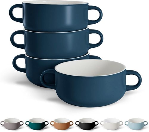 Kook Ceramic Soup Crocks - Oven & Microwave Safe Bowls with Handles - 18 oz, Set of 4 (Navy)
