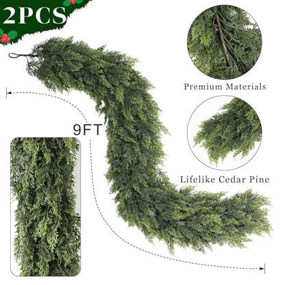 9FT 2Pcs Lifelike Touch Artificial Christmas Cedar Garland for Mantle Decor - Variation: 2 / 9 FT