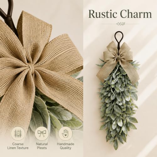 All-Season Farmhouse Flocked Lambs Ear Teardrop Swag with Burlap Bow, Rustic Door Decor