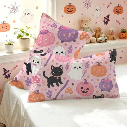 Pink Halloween Bedding Set 3-Piece Comforter & Pillowcases for Girls - Ghost & Cat Design, Full Variation