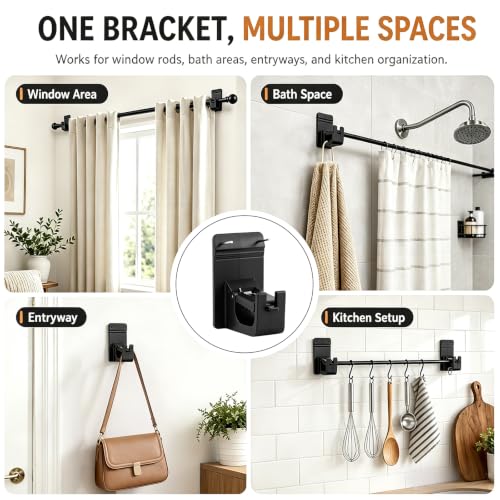 4 Pack No Drill Curtain Rod Brackets with Adhesive & Nails, Heavy Duty Support up to 17.6 lb - Black, Universal Fit - Variation 4