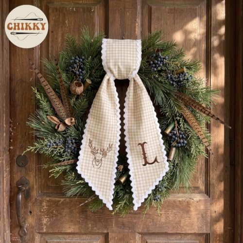 Fall Wreath Sash for Front Door Decor - Monogram Embroidered Pumpkin Linen Ribbon - F01