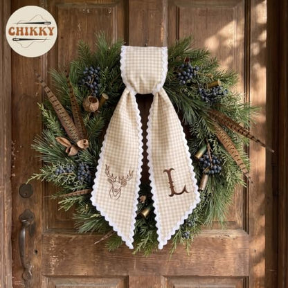 Fall Wreath Sash for Front Door Decor - Monogram Embroidered Pumpkin Linen Ribbon - F01