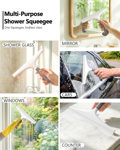 Gray and White 10-Inch Shower Squeegee for Glass Doors with Hook - No Squeak, Streak-Free Cleaning