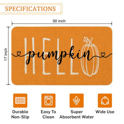 Hello Pumpkin Fall Front Door Mat - Orange Autumn Welcome Doormat 17x30 Inches