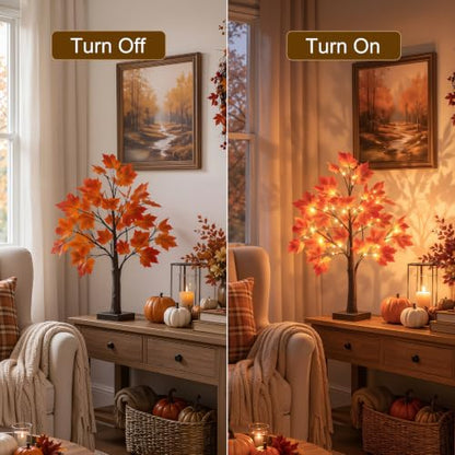 OLANRUN 2 Pack 24-Inch Lighted Fall Maple Trees with 48 LED Warm Lights & Leaves