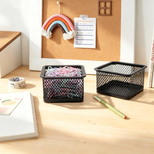 Square Metal Mesh Paper Clip Holder Set - Black Desk Organizer, 4 Pack