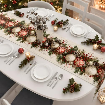 Christmas Decorations - Xmas Balls Snowflake Pine Cone Table Runner - Variation of Christmas Balls Snowflake