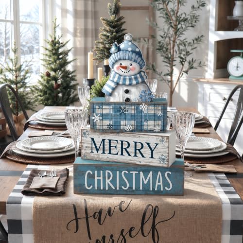Christmas Snowman Wooden Sign & Book Decor Set - Blue Snowman Variation