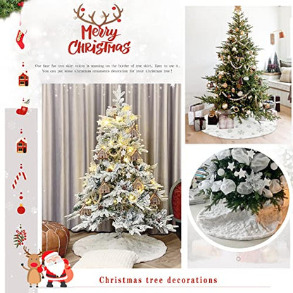 White Faux Fur Christmas Tree Skirt 48 Inch Silver Snowflakes Holiday Decor