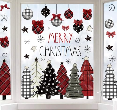 Merry Christmas Window Clings Set - Red Black Plaid Holiday Decor - 9 Sheets, 7.9 x 11.8 Inch - Double-Sided Christmas Stickers - Festive Home & Party Decorations - Variation of This Listing