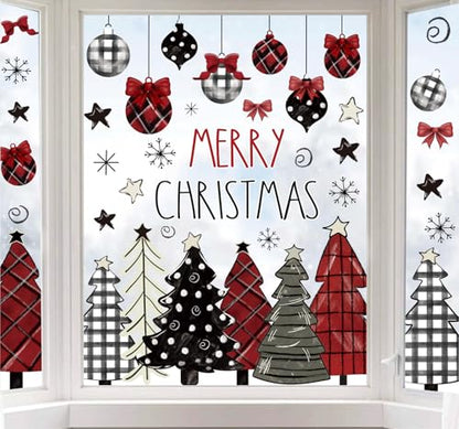 Merry Christmas Window Clings Set - Red Black Plaid Holiday Decor - 9 Sheets, 7.9 x 11.8 Inch - Double-Sided Christmas Stickers - Festive Home & Party Decorations - Variation of This Listing