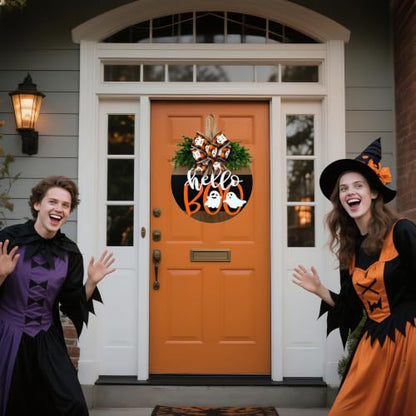Halloween Ghost Wreath with Bow Decor - Front Door Halloween Decoration