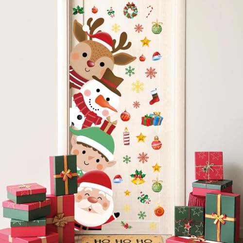Christmas Animal Door Decals Santa Snowman Elk Kids Nursery Holiday Wall Stickers - 44.88 x 15.75 Inches