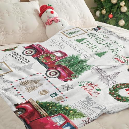 Christmas Throw Blanket - Red Truck Tree Farmhouse Holiday Plush 50x60 Inches - Cozy Fluffy Bed & Sofa Blanket - Variation: 50" x 60"