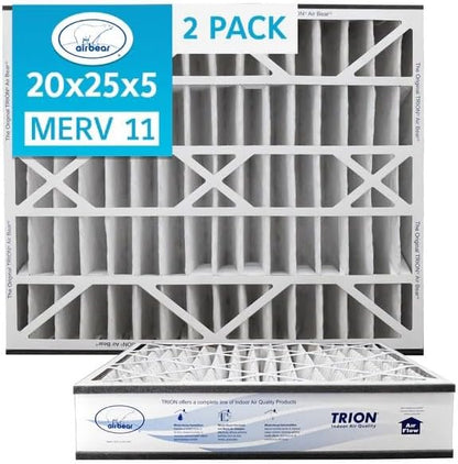 Trion Air Bear Pleated Air Filter - MERV 11 | 20” x 25” x 5” (2-Pack) for Superior Air Quality